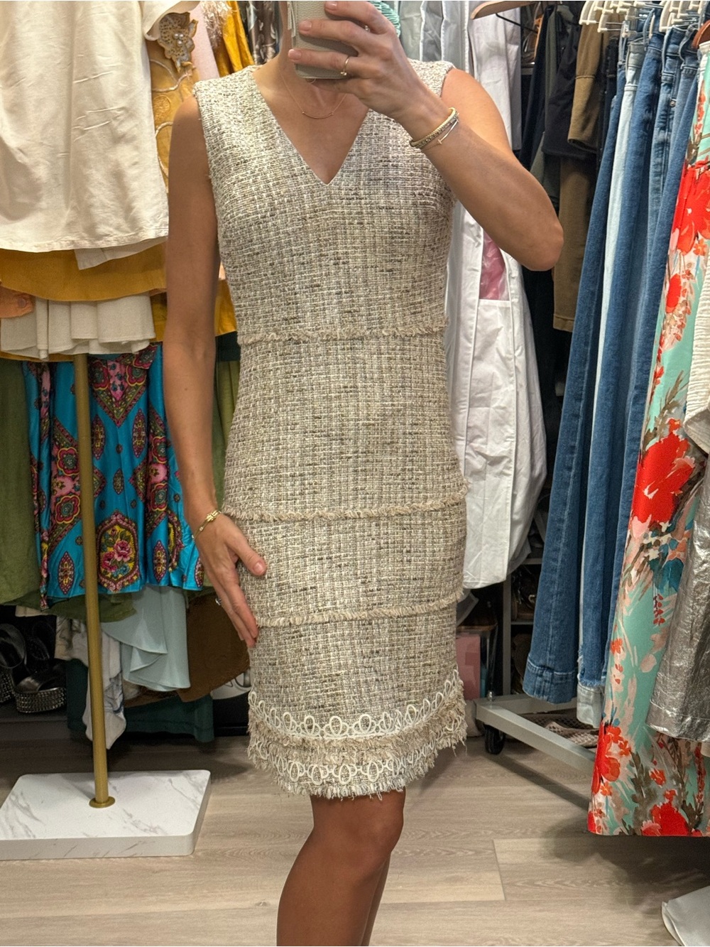 Elie Tahari V-Neck Metallic Tweed Sheath Dress in Light Beige